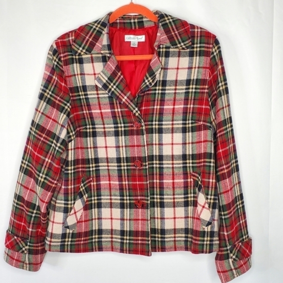 Wool Blend Plaid Jacket Size 14 Lined Cropped Tartan Blazer Festive Academia - Picture 1 of 15